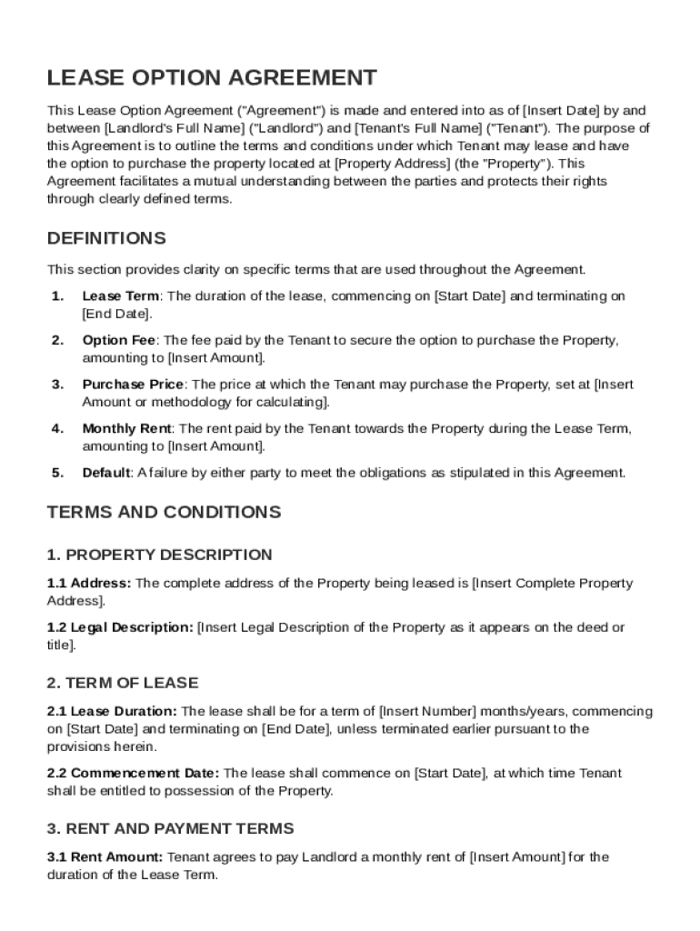 Lease Option Contract Template Preview on Page 1
