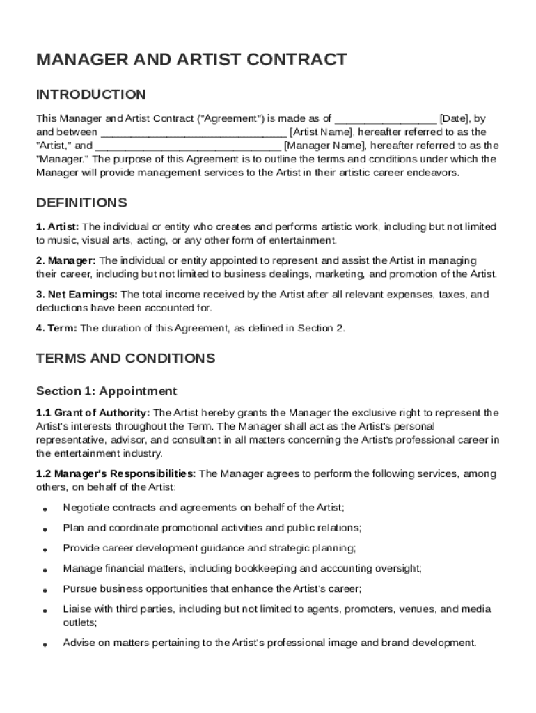 Manager And Artist Contract Template Preview on Page 1