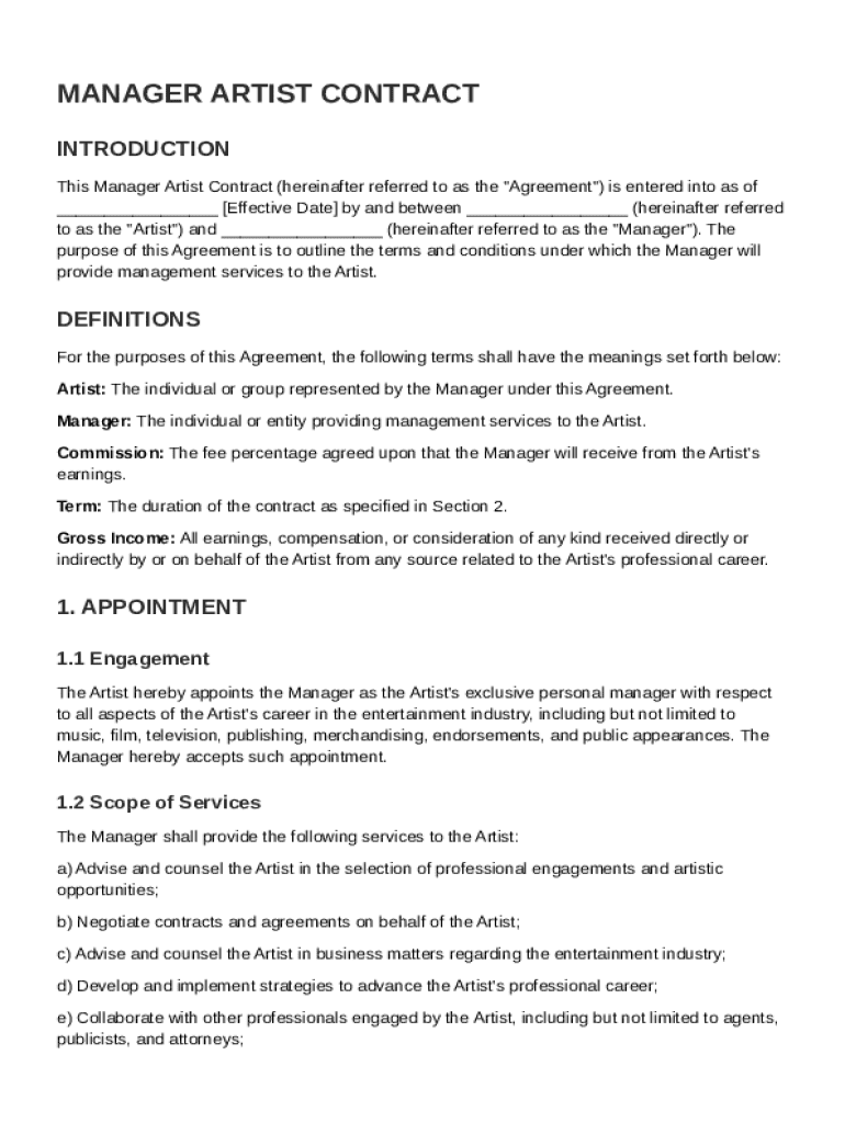 Manager Artist Contract Template Preview on Page 1