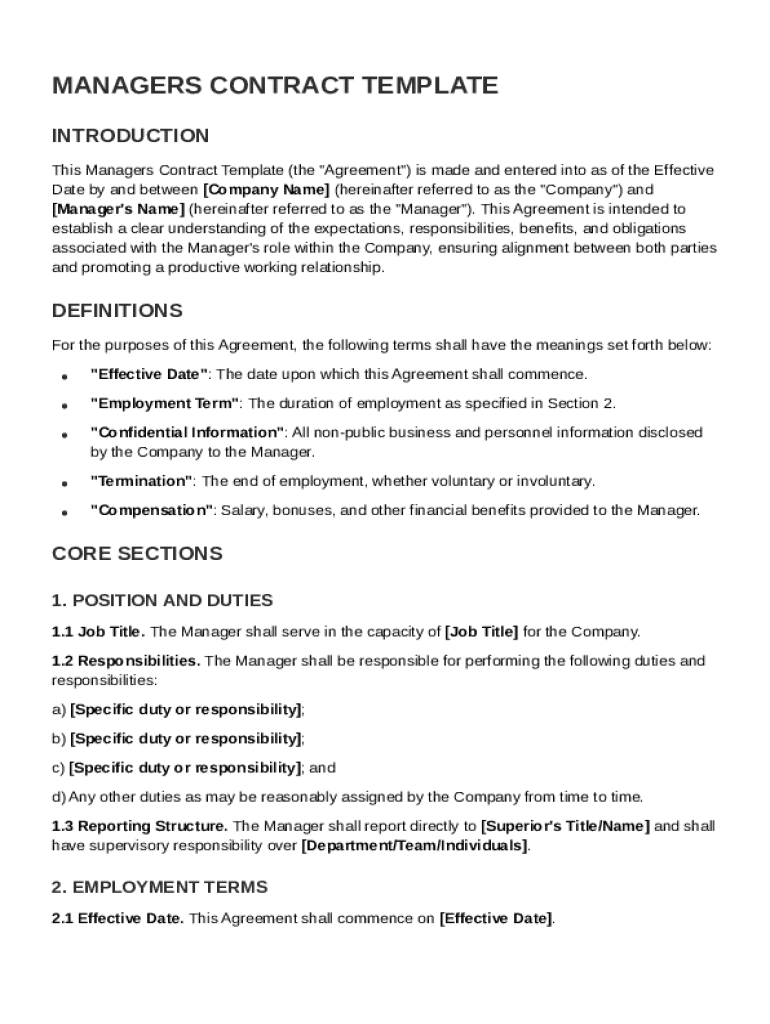 Managers Contract Template Preview on Page 1