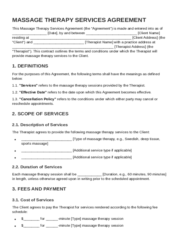 Massage Contract Template Preview on Page 1