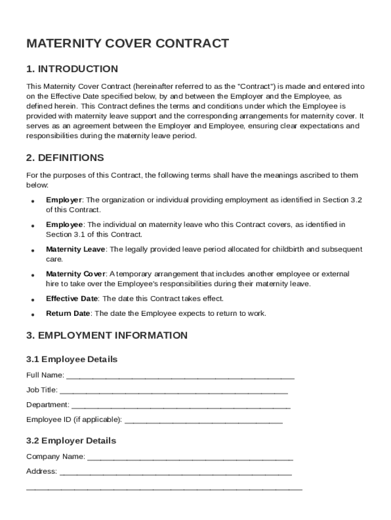 Maternity Cover Contract Template Preview on Page 1