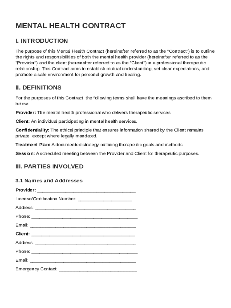 Mental Health Contract Template Preview on Page 1