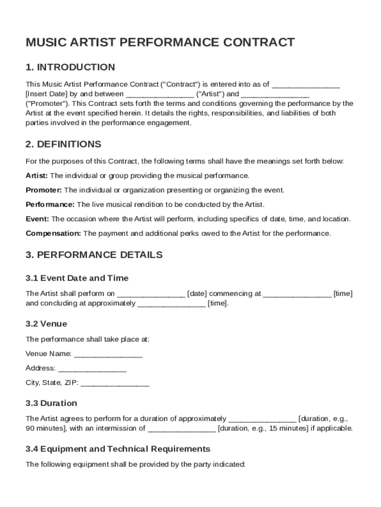 Music Artist Performance Contract Template Preview on Page 1