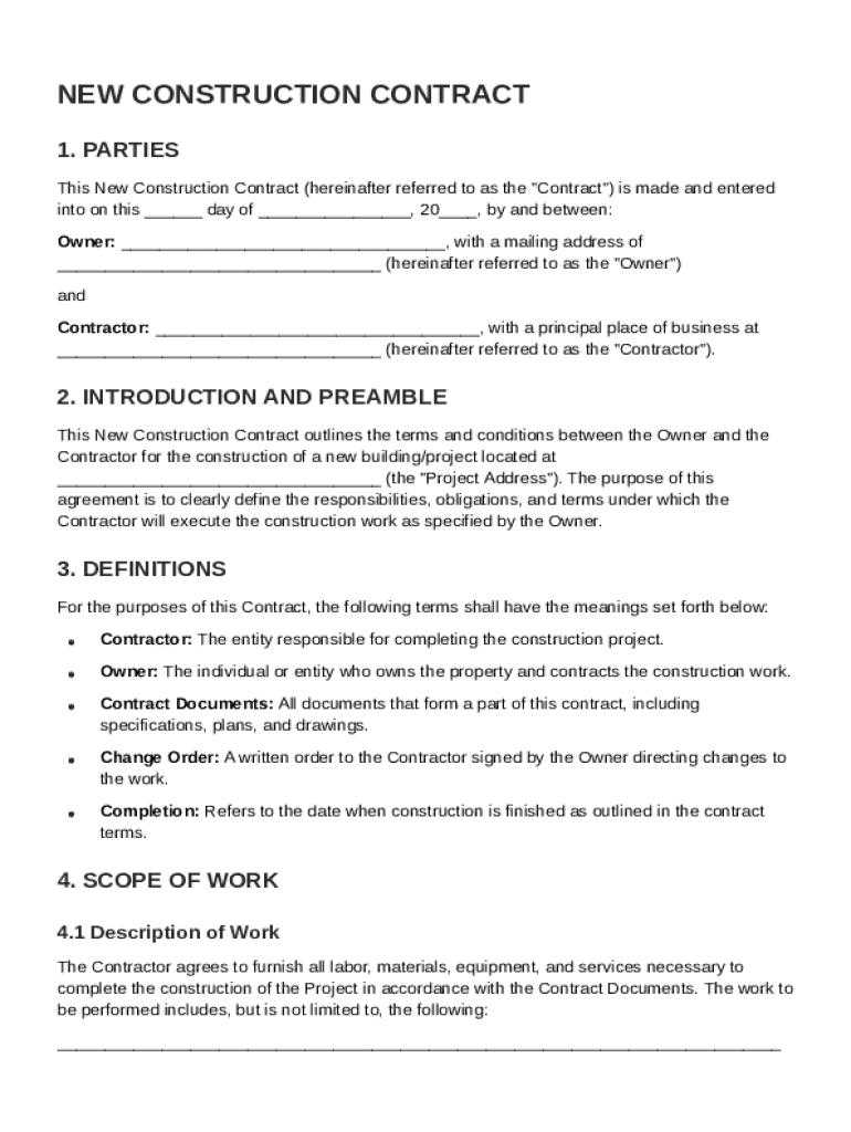 New Construction Contract Template Preview on Page 1