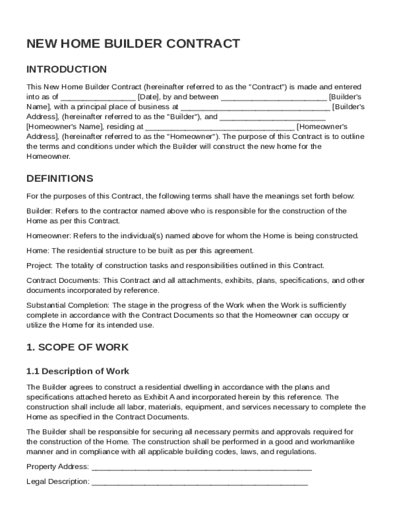 New Home Builder Contract Template Preview on Page 1