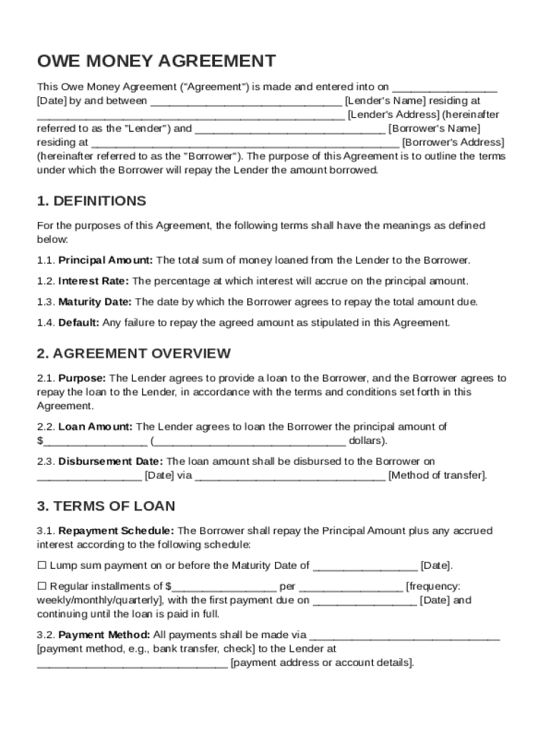 Owe Money Contract Template Preview on Page 1