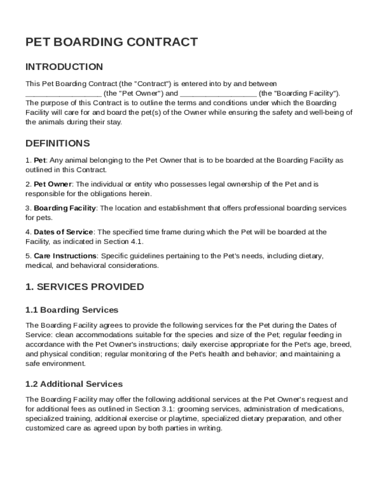 Pet Board Contract Template Preview on Page 1