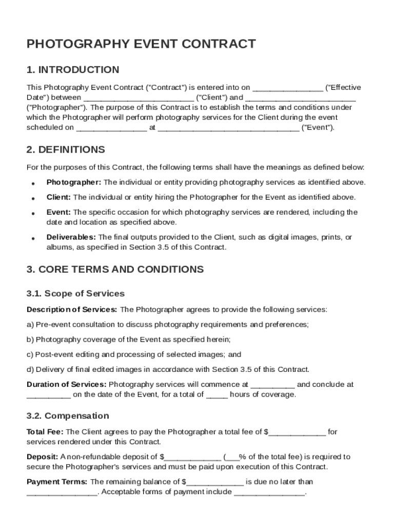 Photography Event Contract Template Preview on Page 1