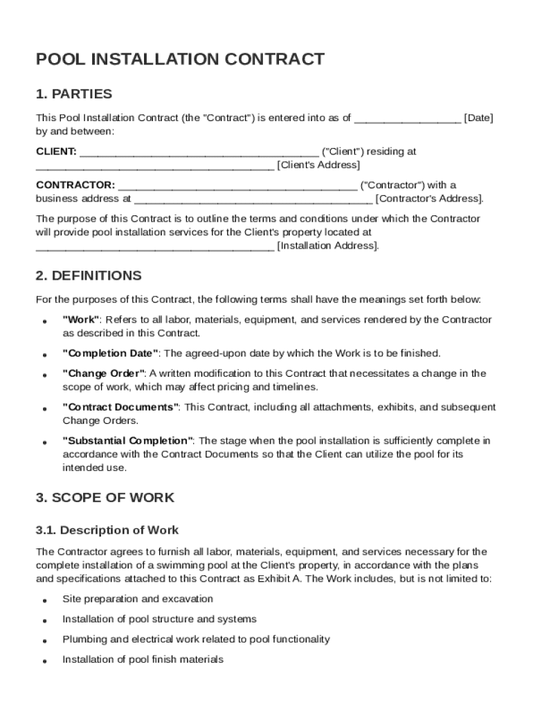 Pool Installation Contract Template Preview on Page 1