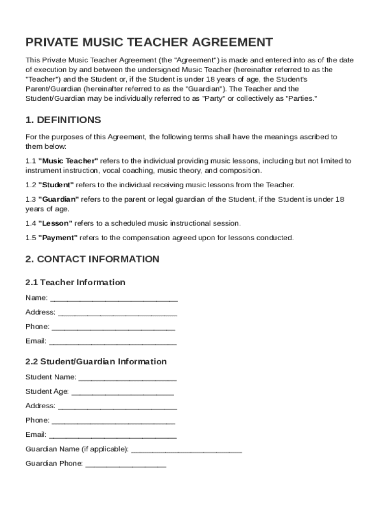 Private Music Teacher Contract Template Preview on Page 1