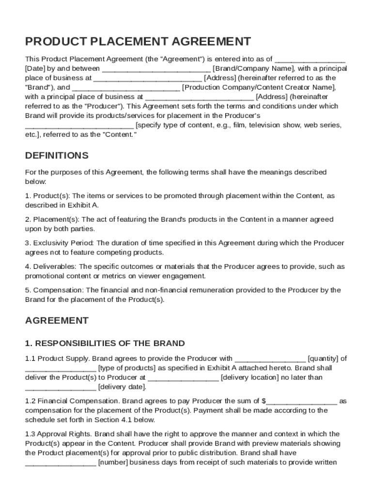 Product Placement Contract Template Preview on Page 1