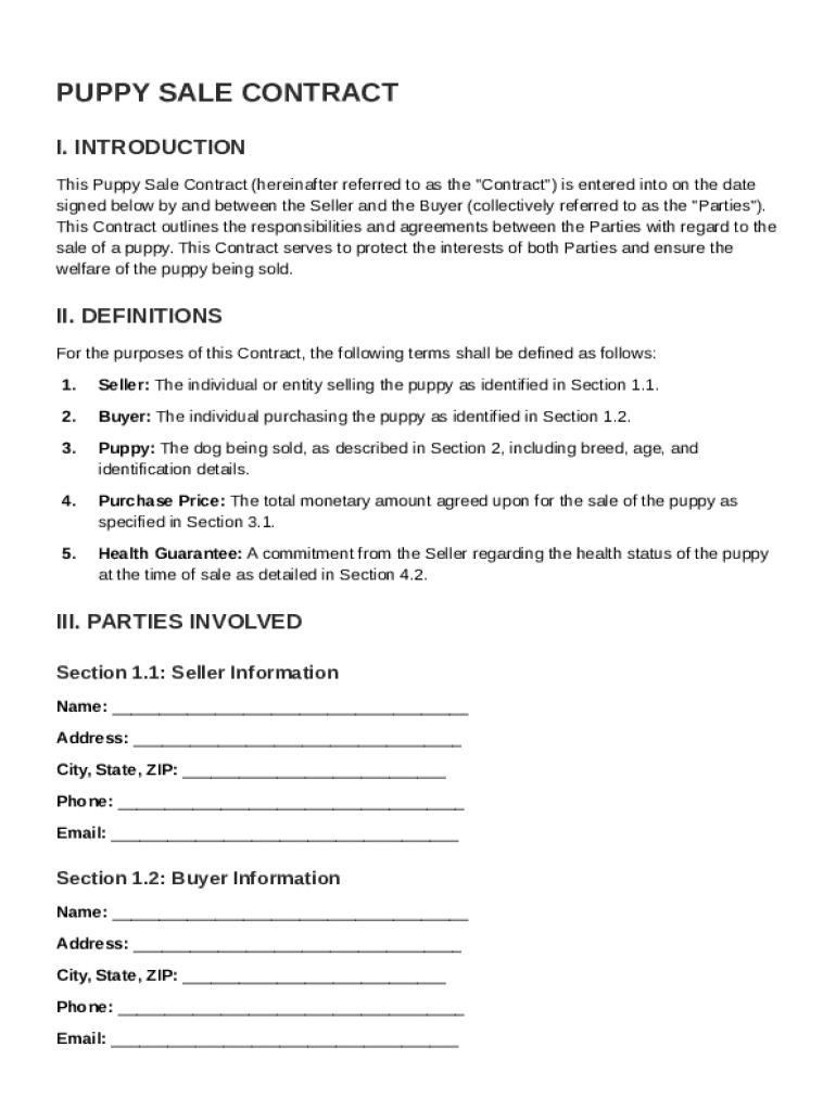 Puppy Of Sale Contract Template Preview on Page 1