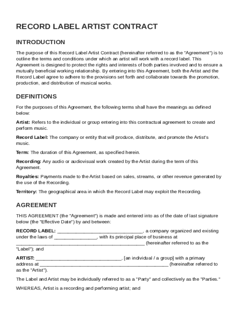 Record Label Artist Contract Template Preview on Page 1