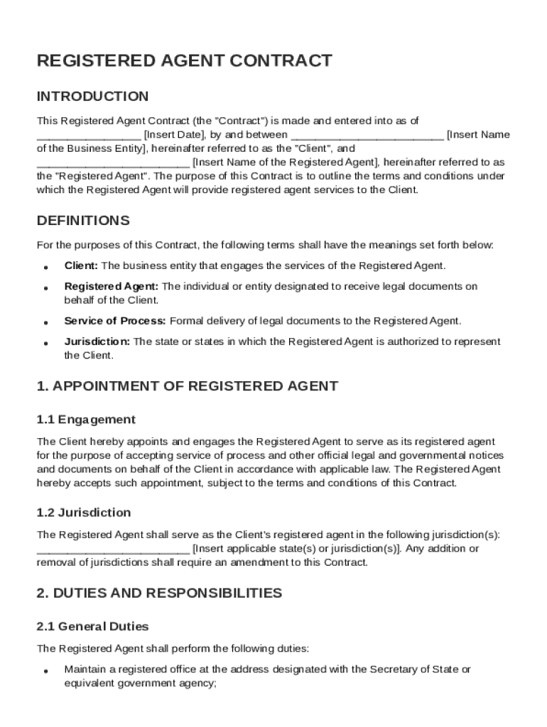 Registered Agent Contract Template Preview on Page 1