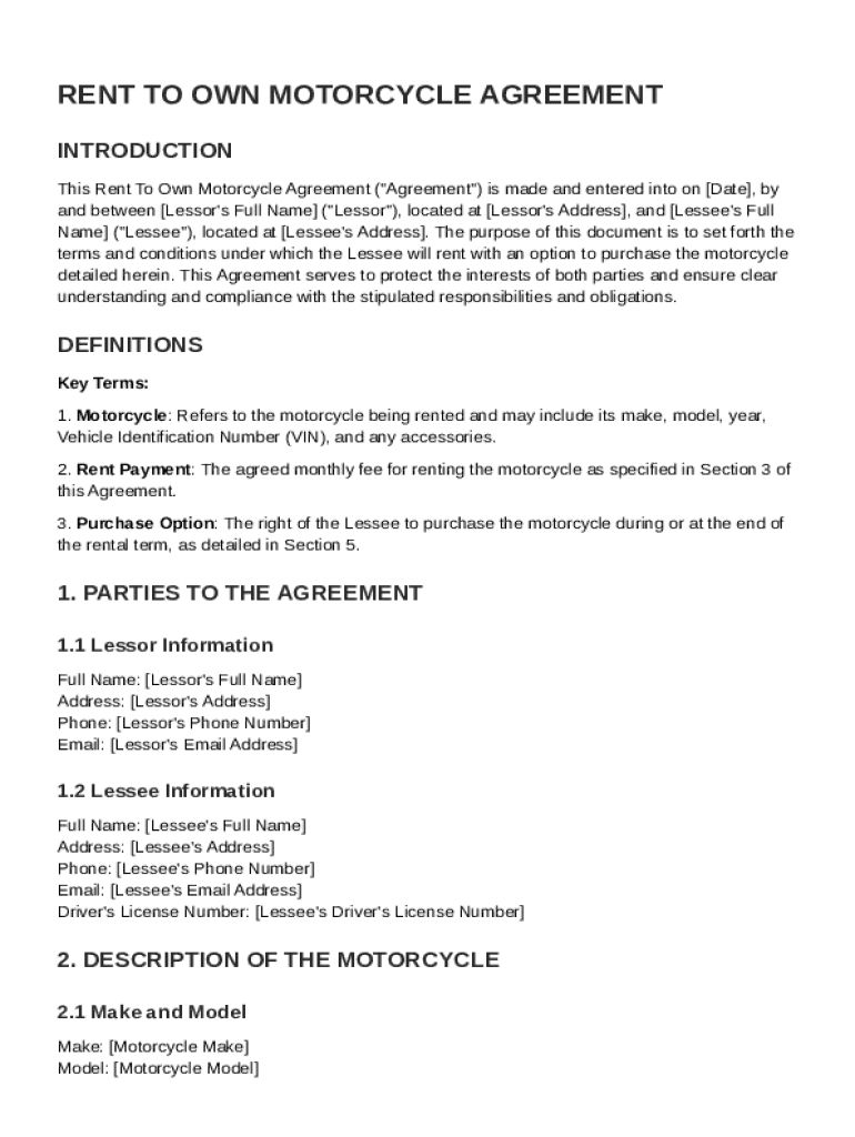 Rent To Own Motorcycle Contract Template Preview on Page 1