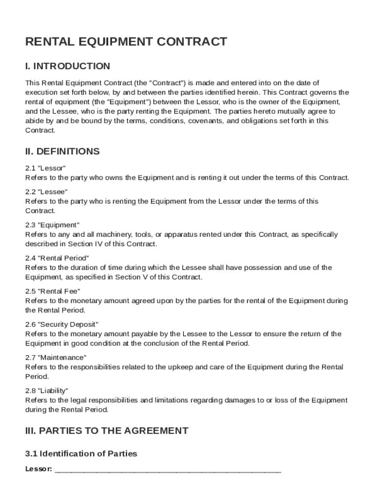 Rental Equipment Contract Template Preview on Page 1