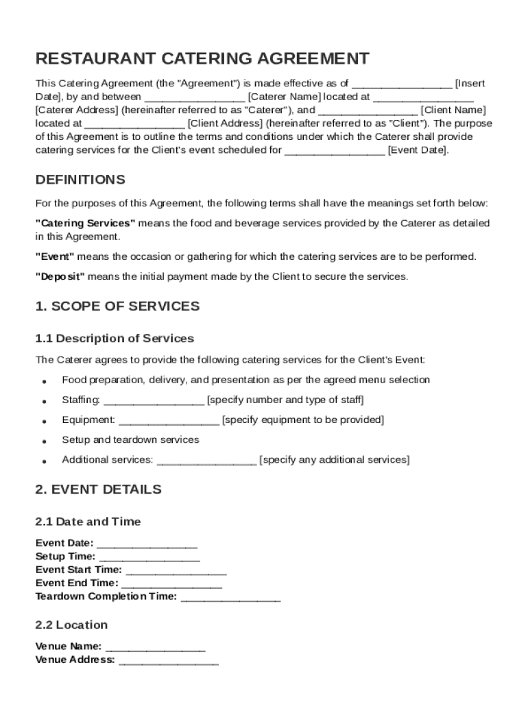 Restaurant Cater Contract Template Preview on Page 1