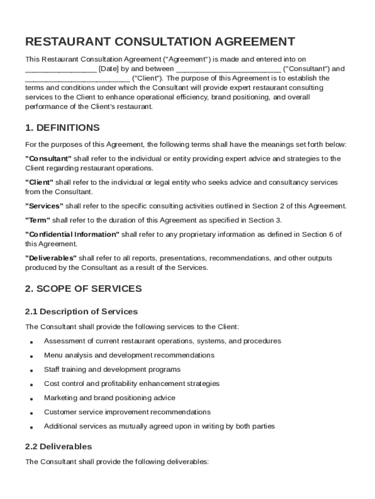 Restaurant Consult Contract Template Preview on Page 1