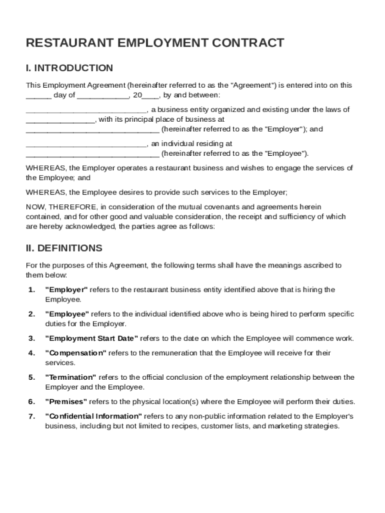 Restaurant Employment Contract Template Preview on Page 1