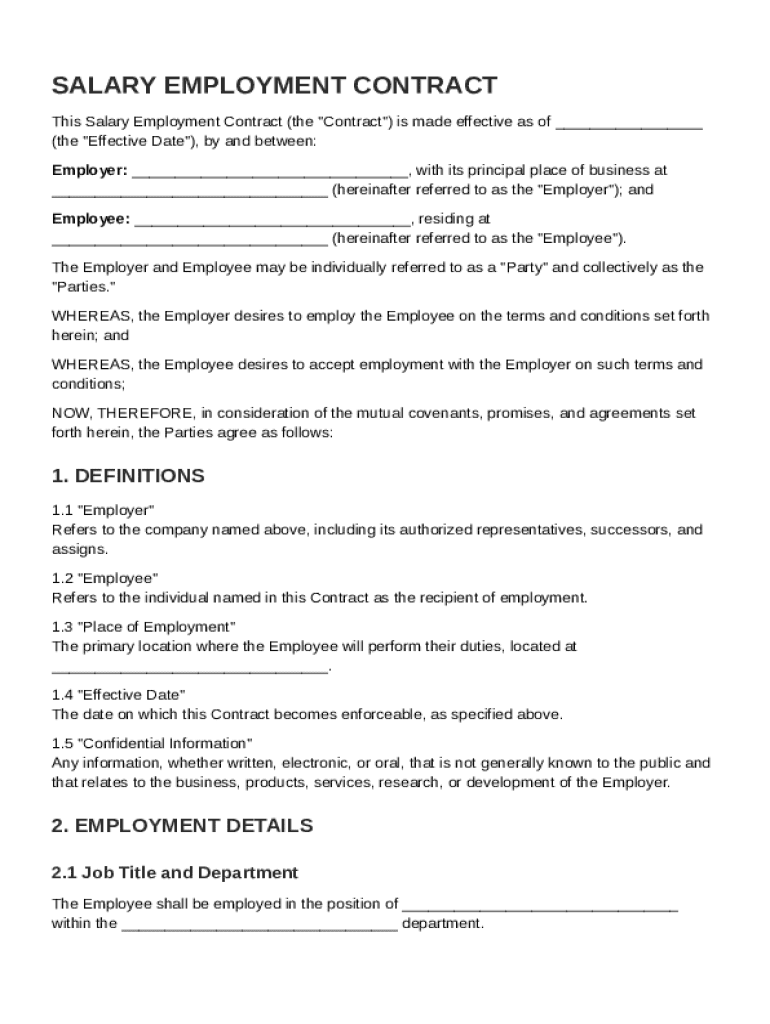 Salary Employment Contract Template Preview on Page 1