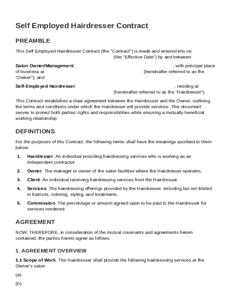 Self Employed Hairdresser Contract Template Preview on Page 1