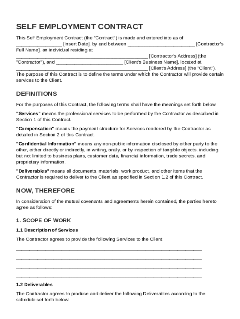 Self Employment Contract Template Preview on Page 1
