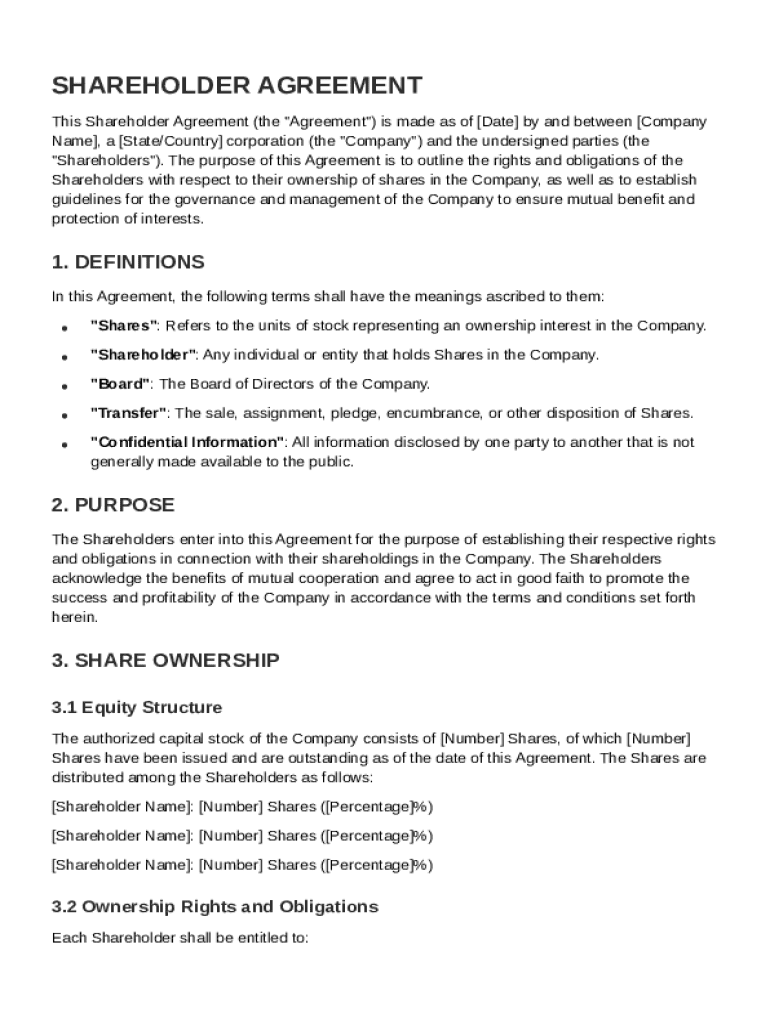 Shareholder Contract Template Preview on Page 1