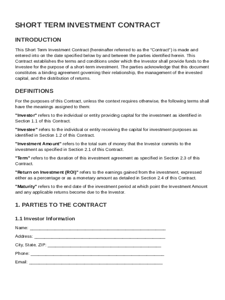 Short Term Investment Contract Template Preview on Page 1