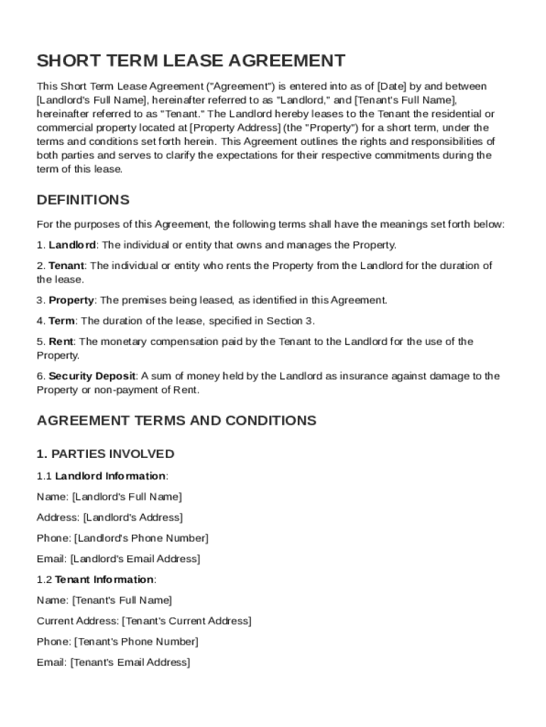 Short Term Lease Contract Template Preview on Page 1