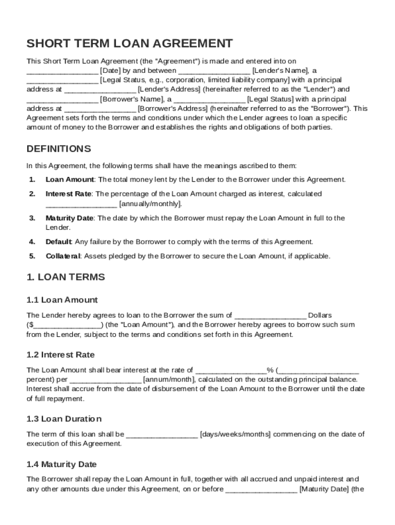 Short Term Loan Contract Template Preview on Page 1