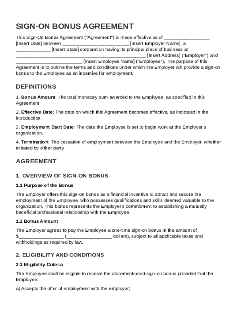 Sign Bonus Contract Template Preview on Page 1