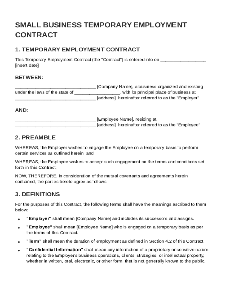 Small Business Temporary Employment Contract Template Preview on Page 1
