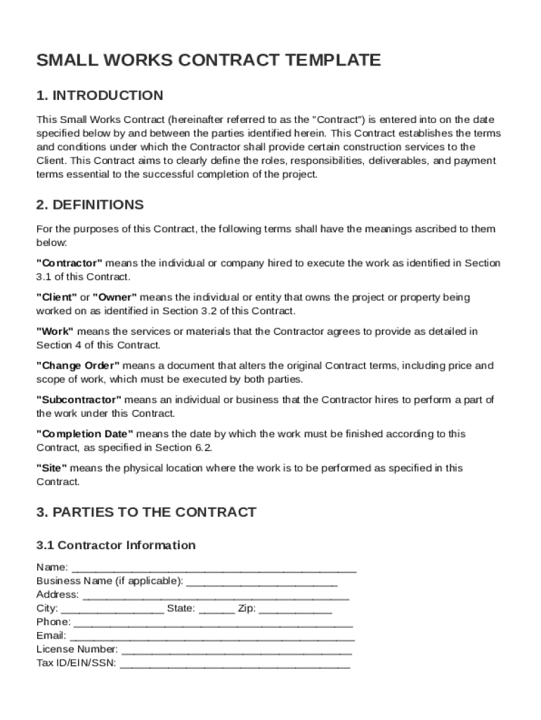 Small Works Contract Template Preview on Page 1