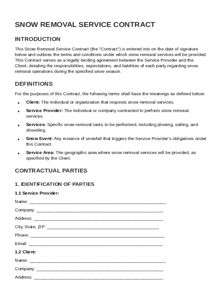 Snow Removal Service Contract Template Preview on Page 1