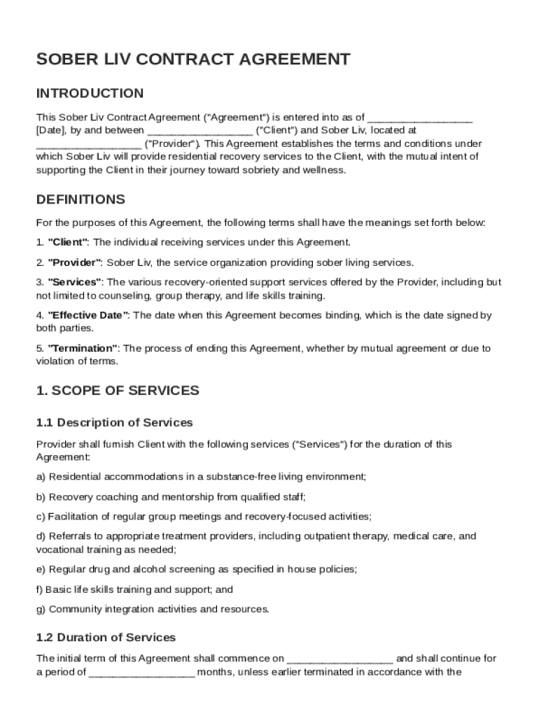 Sober Liv Contract Template Preview on Page 1