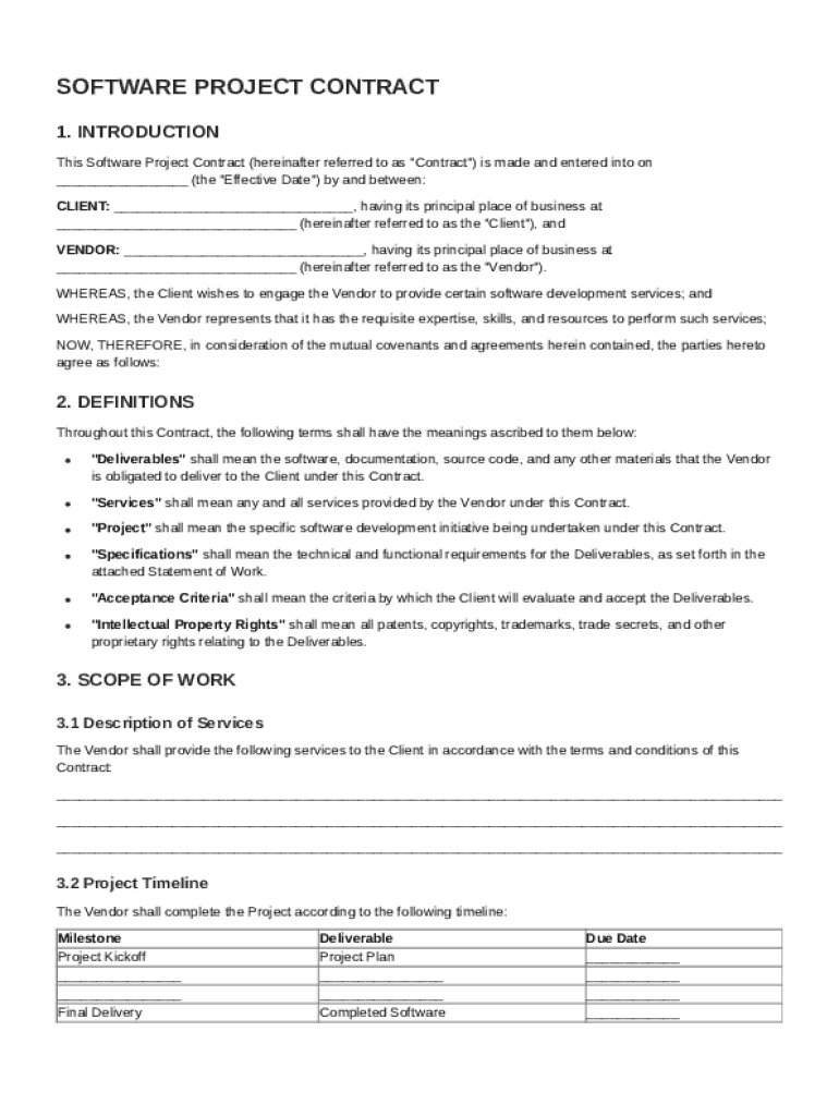 Software Project Contract Template Preview on Page 1