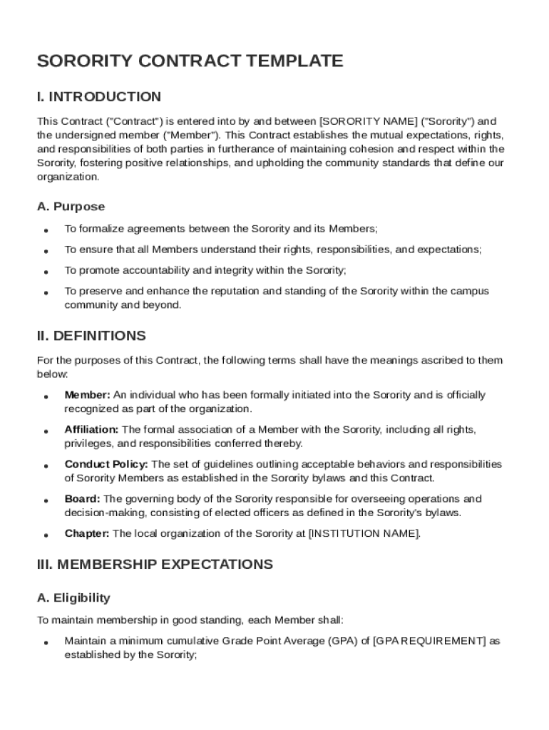 Sorority Contract Template Preview on Page 1