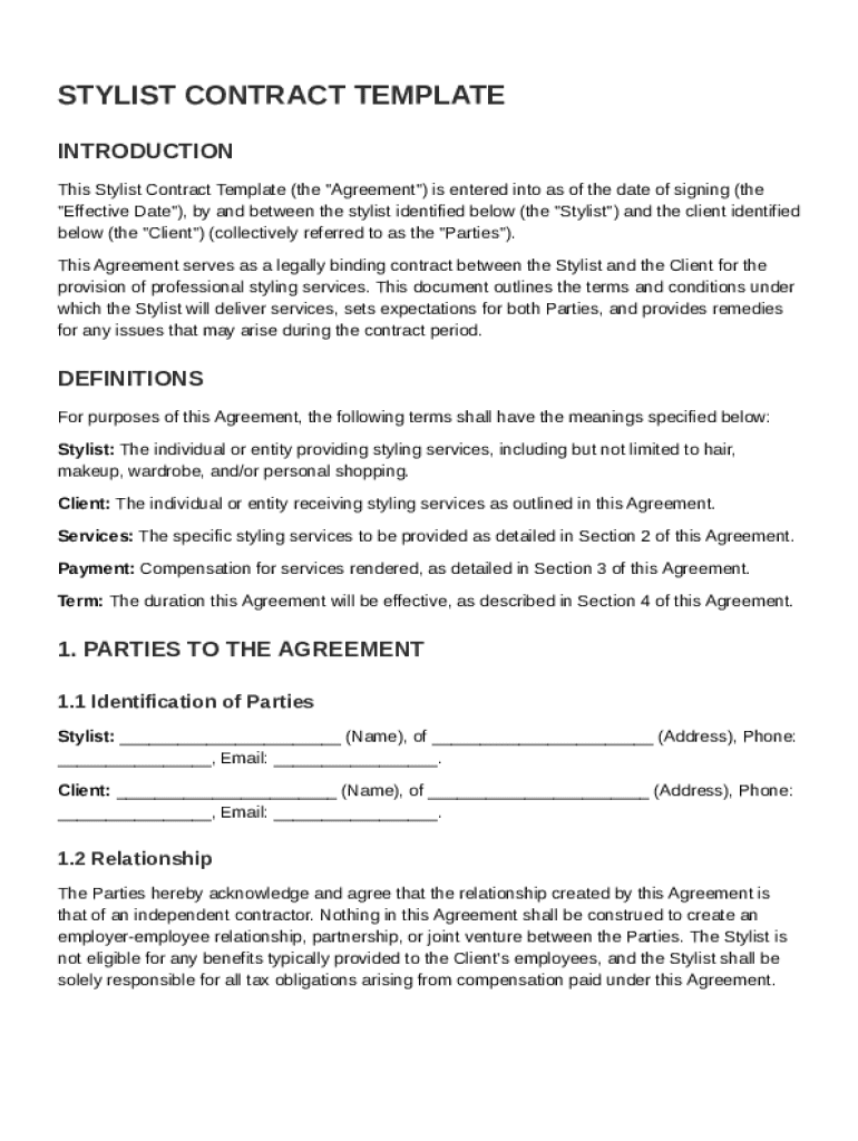 Stylist Contract Template Preview on Page 1