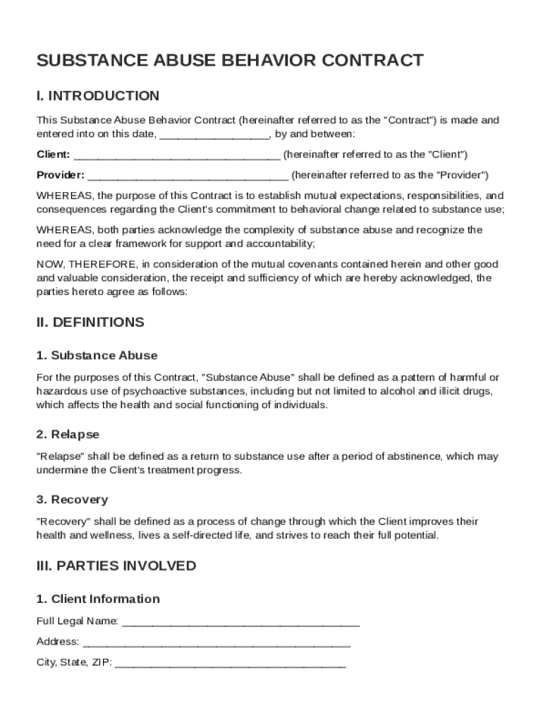 Substance Abuse Behavior Contract Template Preview on Page 1