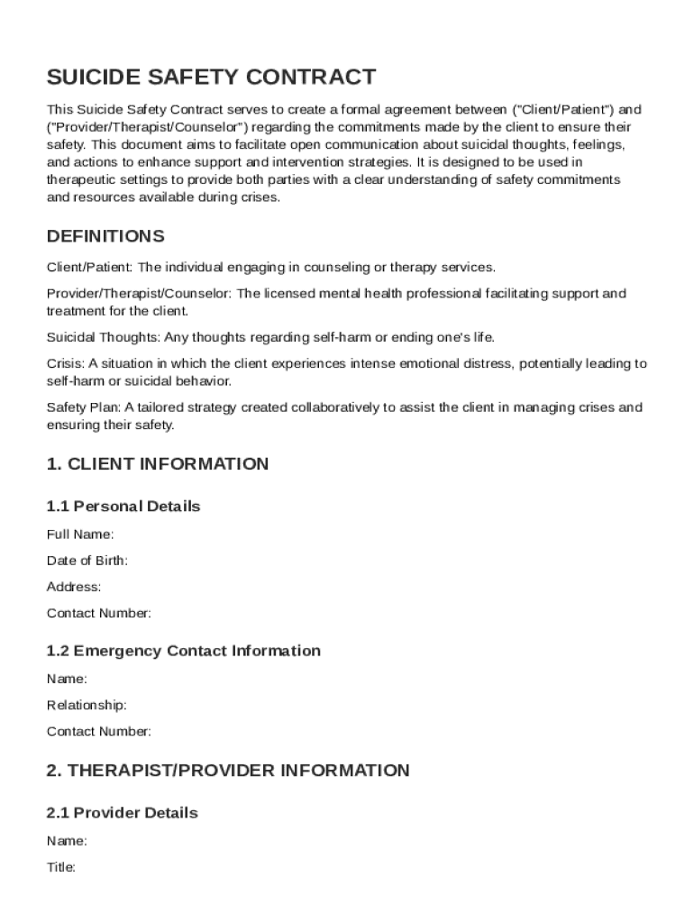 Suicide Contract Template Preview on Page 1