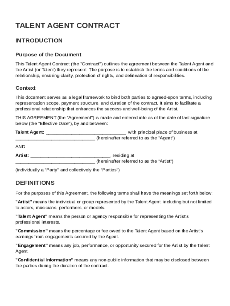 Talent Agent Contract Template Preview on Page 1