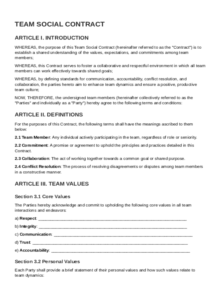 Team Social Contract Template Preview on Page 1