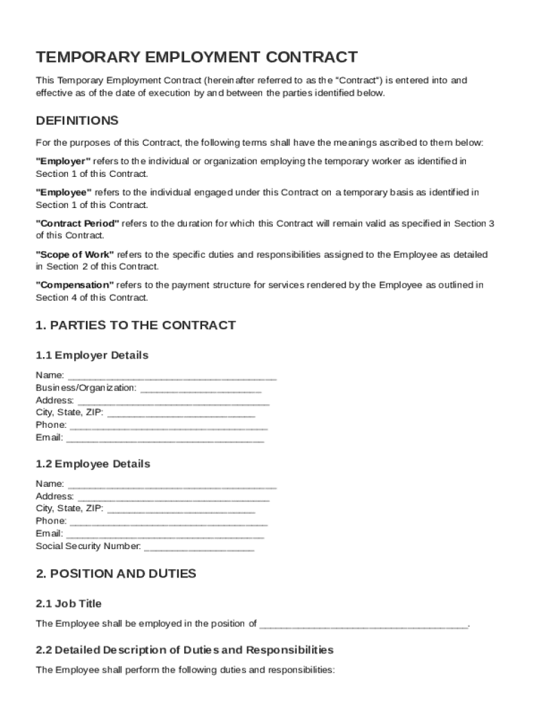 Temporary Contract Template Preview on Page 1