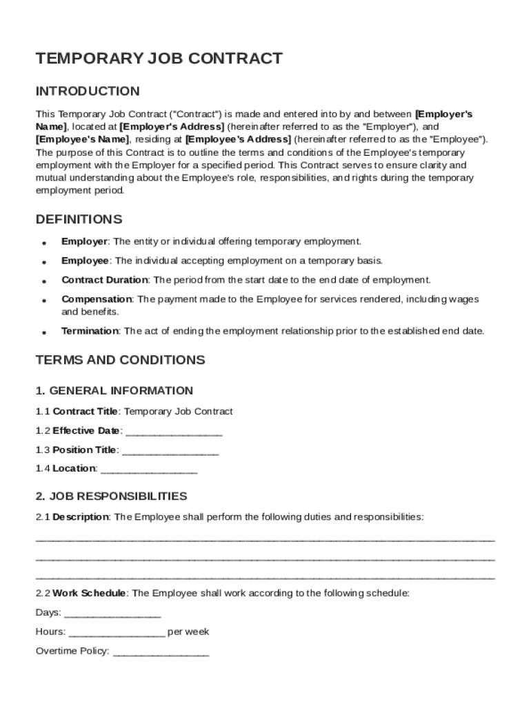 Temporary Job Contract Template Preview on Page 1