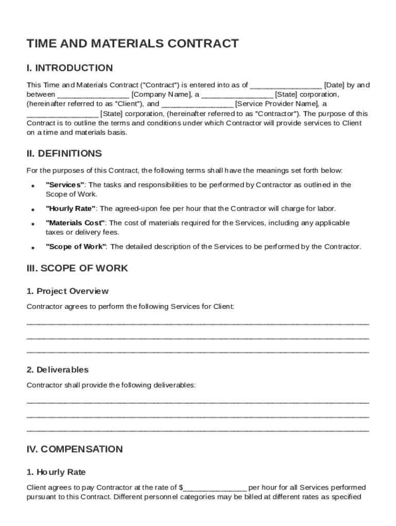Time And Materials Contract Template Preview on Page 1