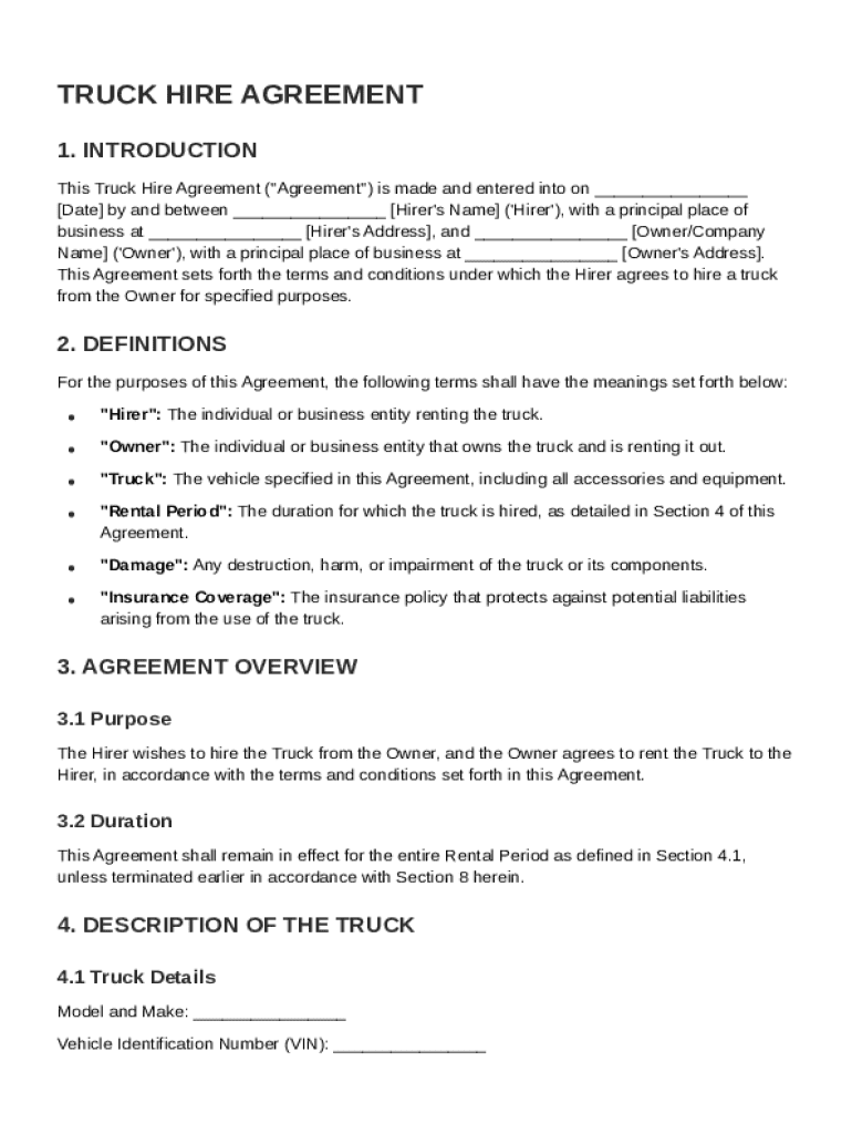 Truck Hire Contract Template Preview on Page 1