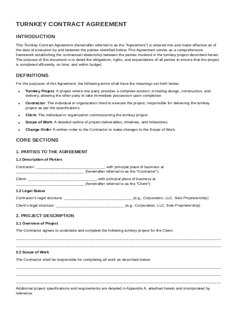 Turnkey Contract Template Preview on Page 1