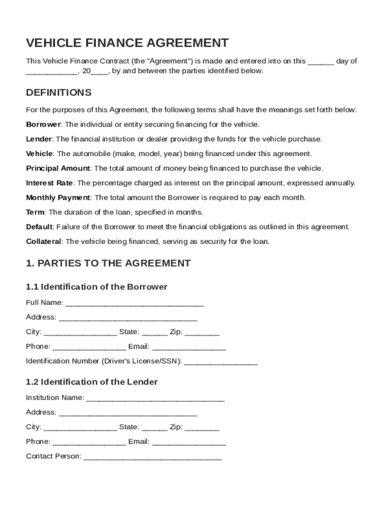 Vehicle Finance Contract Template Preview on Page 1