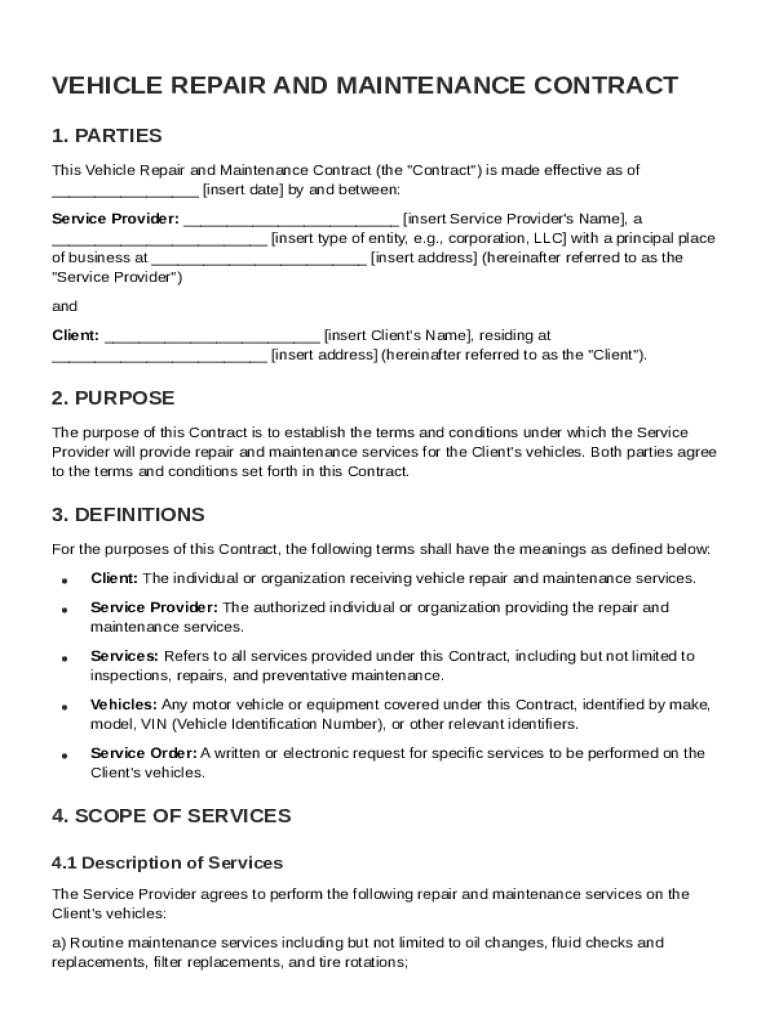 Vehicle Repair And Maintenance Contract Template Preview on Page 1